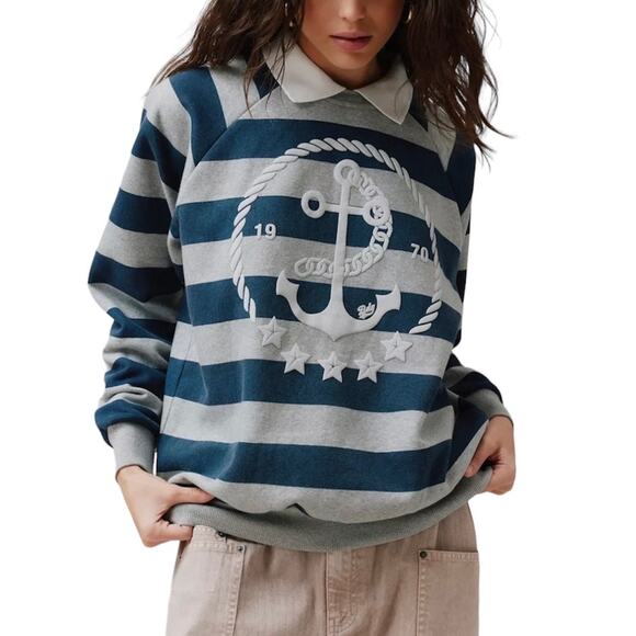 Urban Outfitters BDG Hayes Anchor Striped Collared Pullover Sweatshirt Medium - Picture 1 of 8